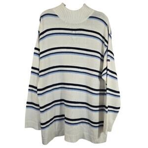 W Southpole Mens Y2K Cream Blue Striped Knit Sweater Size L Mock Neck Navy Beige